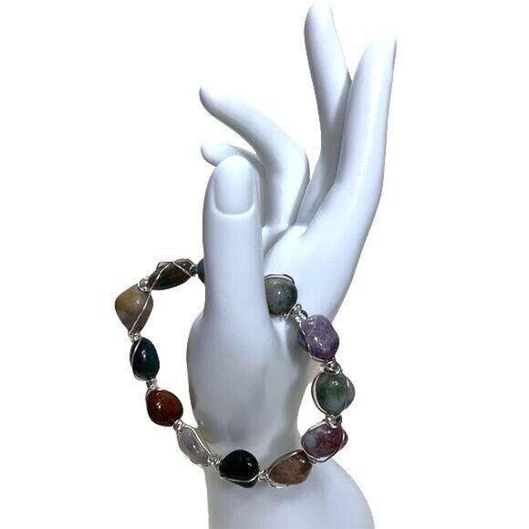 Multicolored Woven Stone Bracelet with Silver Elements Slip On Fashion Jewelry - Picture 5 of 7